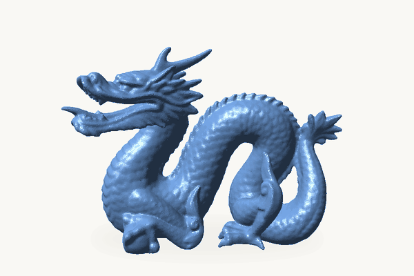 Turntable animation of the Stanford dragon, rendered in flat-shaded blue with a fixed light, rotating slowly.