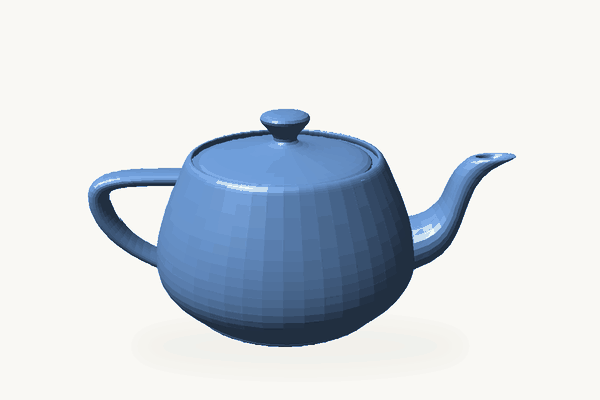 Turntable animation of the Utah teapot, rendered in flat-shaded blue with a fixed light, rotating slowly.